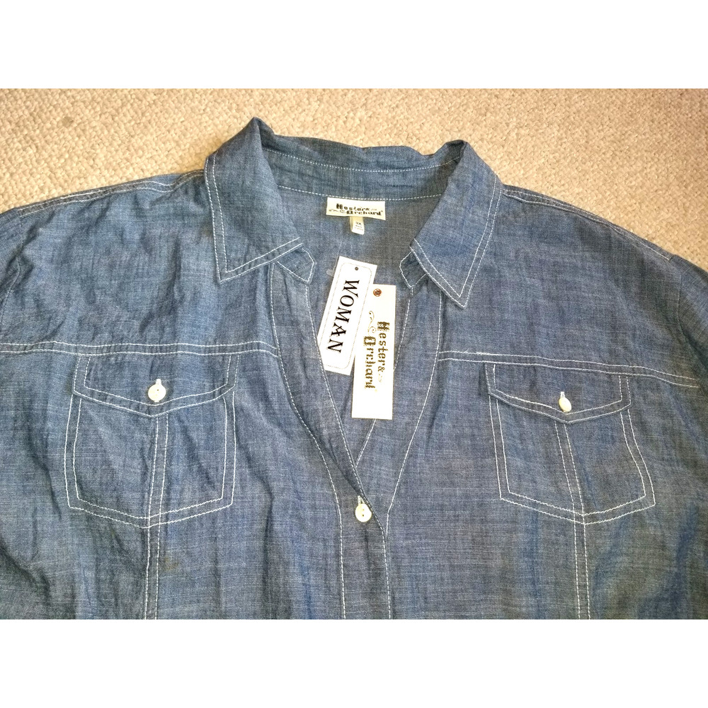 NWT Womens Top-HESTER & ORCHARD-blue 100% cotton chambray button-up ls-3X - Picture 2 of 6
